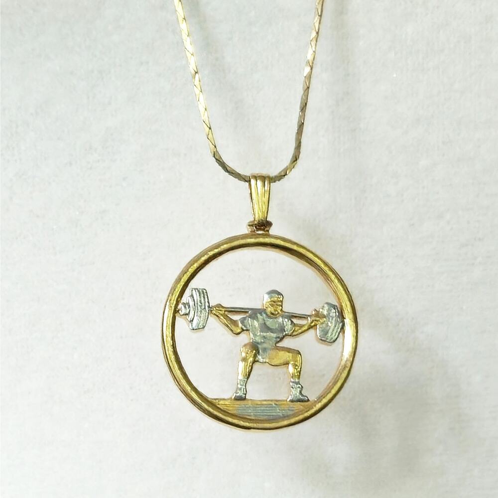 Vintage Minimalist Weightlifter Pendant Necklace | 1980s Sculptural Gold Luxury